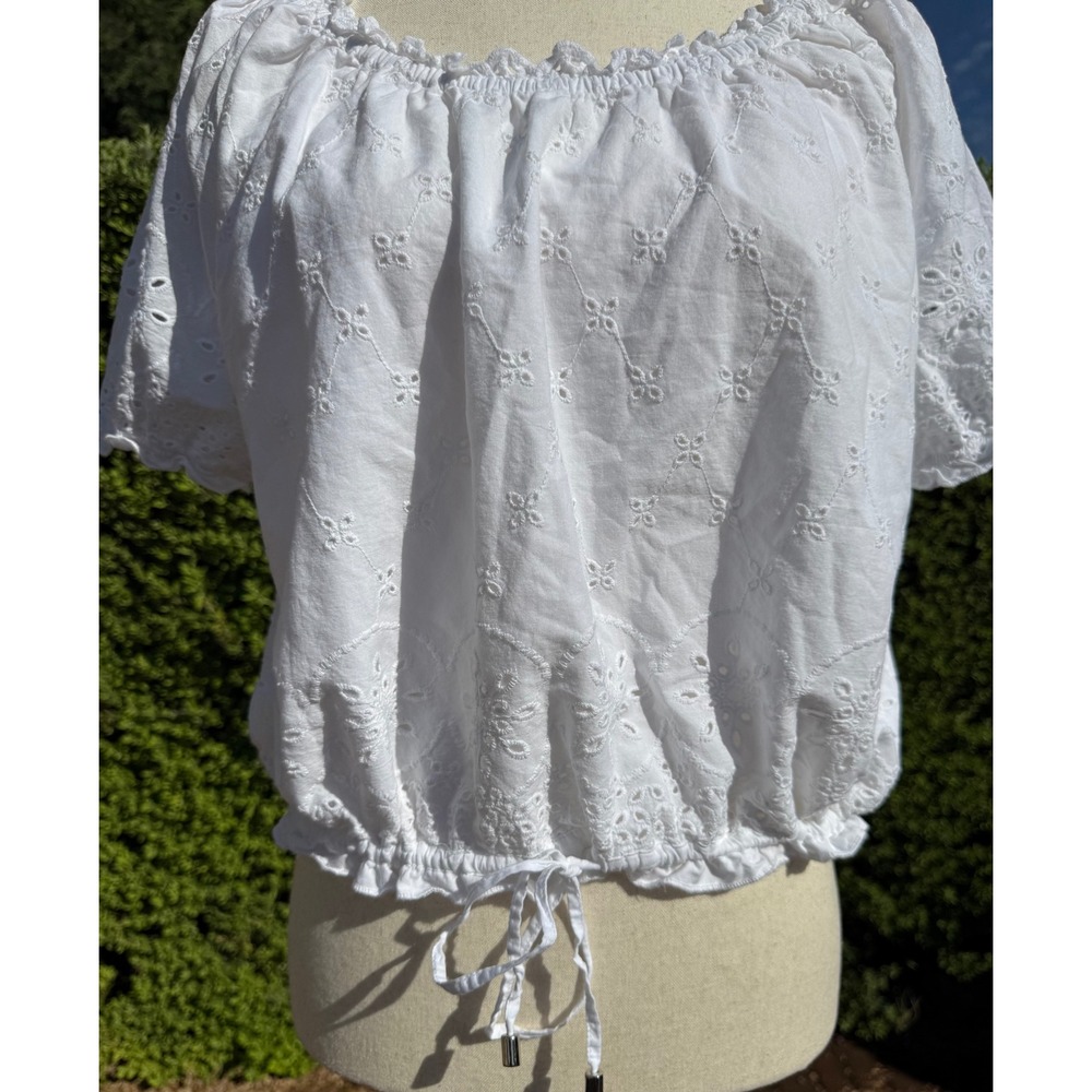 Jennifer & Grace White Eyelet Cotton Crop Top Boho Peasant Blouse - Size L Large